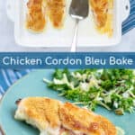 chicken cordon blue bake with ham, Swiss cheese, sauce, and breadcrumbs