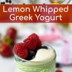 lemon whipped yogurt and berries on a table with Barlean's Lemon Drop CBD Hemp Oil