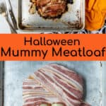 before and after cooking of the halloween mummy meatloaf