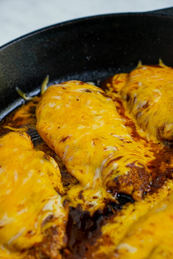 warm taco sauce and melty cheese on top of a chicken breast in a skillet fresh out of the oven