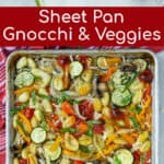 ingredients and final product for the sheet pan gnocchi and vegetable recipe