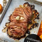 halloween mummy meatloaf on a sheet pan is the ultimate halloween food