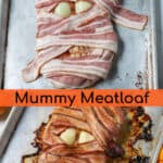 before and after cooked mummy meatloaf perfect for halloween dinner