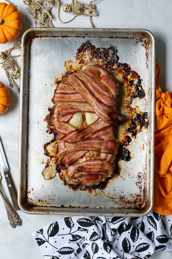 overhead shot of the coked meatloaf mummy on a sheet pan