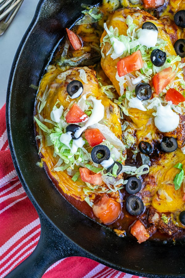 overhead shot of a taco chicken breast in a cast iron pan