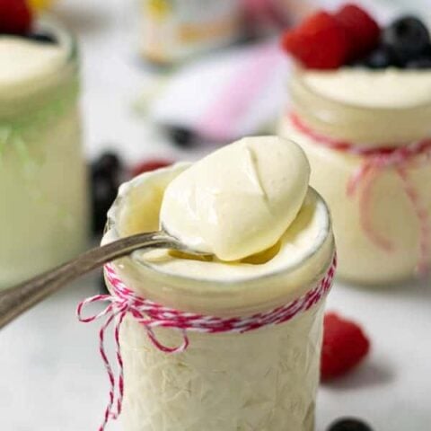 spoonful of lemon whipped greek yogurt in a jar