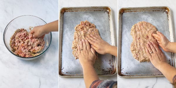 making the meatloaf mixture in to a skull shape on a sheet pan