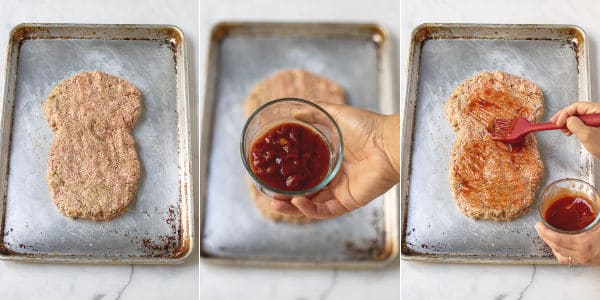ketchup sauce ready to be put on the soul shaped meatloaf