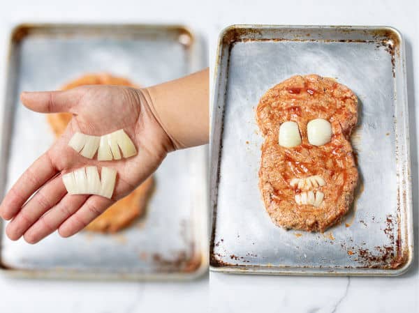 cutting out onion teeth to place on the meatloaf mummy