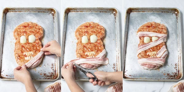 cutting bacon to prepare to wrap the meatloaf head