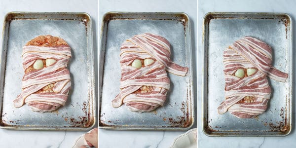 final steps to making the mummy meatloaf, wrapping bacon around the mummy's head