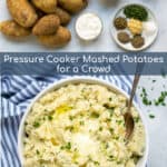 pinterest pin for instant pot garlic mashed potatoes featuring a large bowl of potatoes plus the ingredients