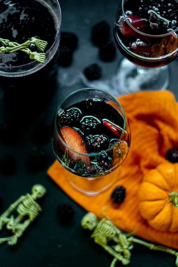 fruit in a glass with halloween sangria