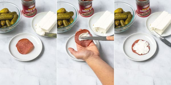 step by step pictures of cream cheese being spread on the dried beef