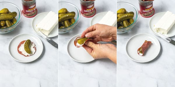 showing step by step how to roll the dill pickle in the dried beef