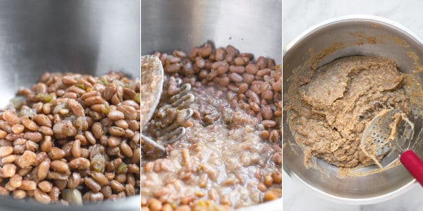 3 pictures showing the cooked beans in a bowl and being mashed