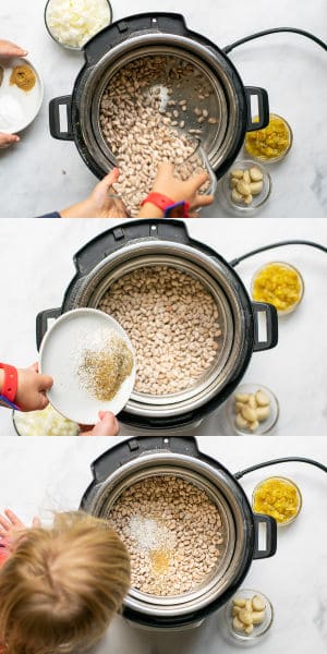 kids adding beans and spices to the pressure cooker pot