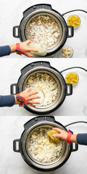 kids adding onions, chilies, and garlic to the pressure cooker
