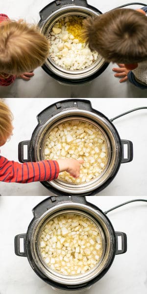 boys looking at all of the ingredients in a pressure cooker pot