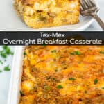 casserole dish with tex mex breakfast egg bake and a slice taken out