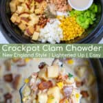 photos of ingredients and a ladle full of clam chowder