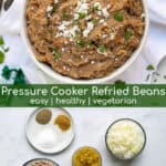 refried beans in a white bowl with cheese and cilantro