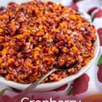 white bowl with spoon full of cranberry orange relish