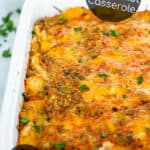 Tex-Mex Breakfast Casserole recipe in a white baking dish on a table