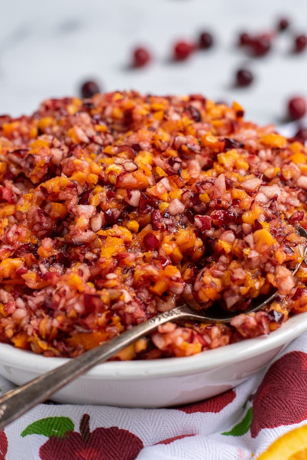 close up view of a bowl with cranberry orange relish