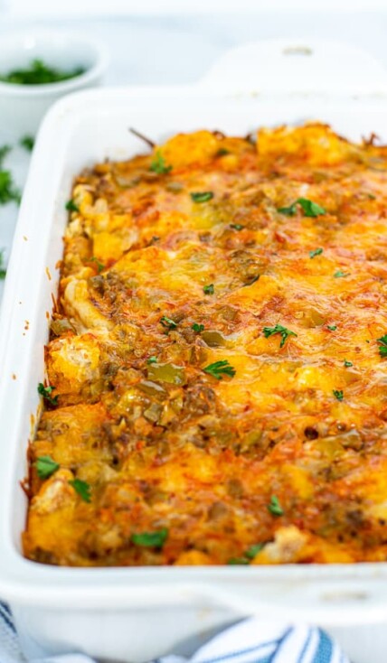 freshly baked overnight tex mex egg bake in a white dish