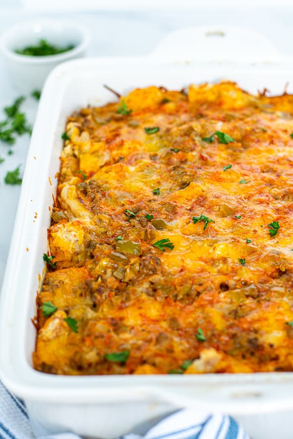 freshly baked overnight tex mex egg bake in a white dish