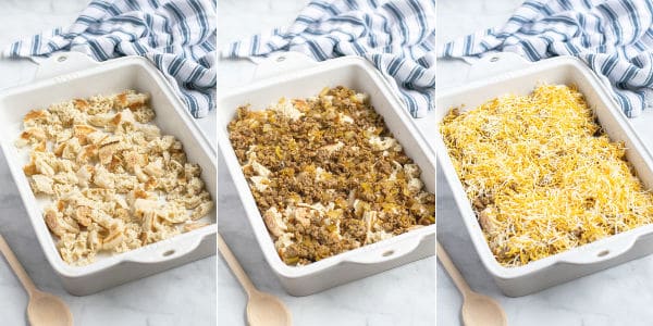 the first of the layering steps making the breakfast casserole