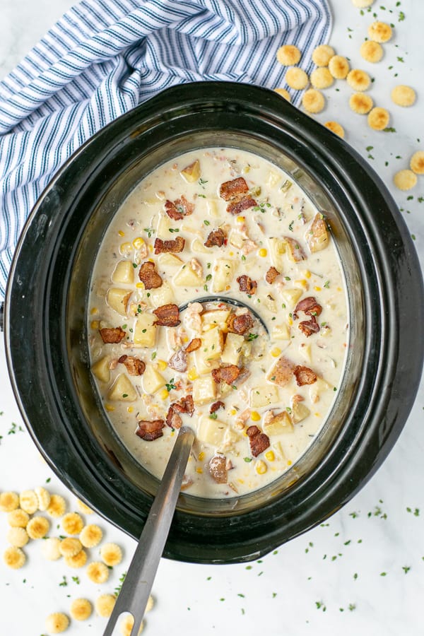 crockpot full of Clam Chowder with bacon and thyme