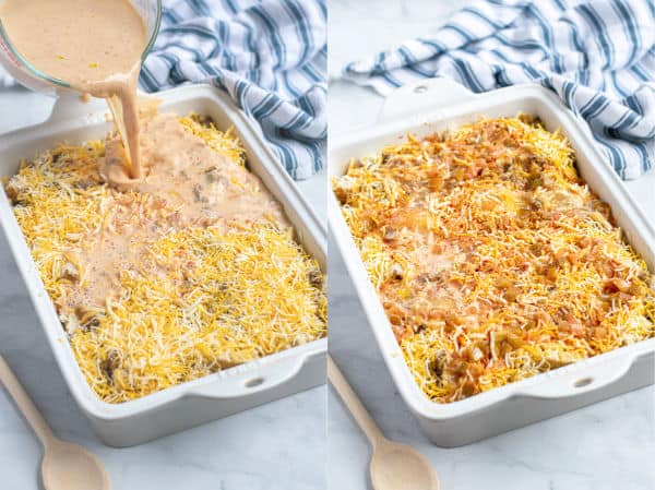 the egg, milk, and salsa mixture being poured over top the casserole layers