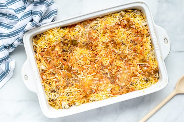 the unbaked casserole ready to be put in the fridge