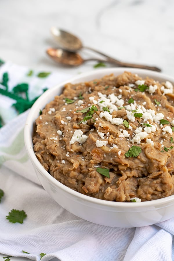 side view of pressure cooked refried beans
