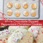 White Chocolate Peppermint Cookies on a sheet pan with candy canes