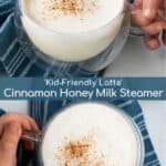 kid hands holding mugs full of cinnamon honey milk steamers
