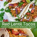 vegetarian red lentil tacos in flour tortillas on a plate