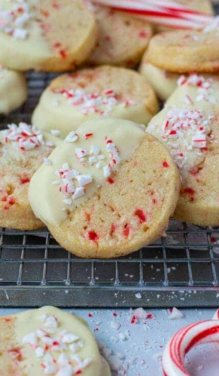 close up of a white chocolate dipped peppermint Christmas cookie