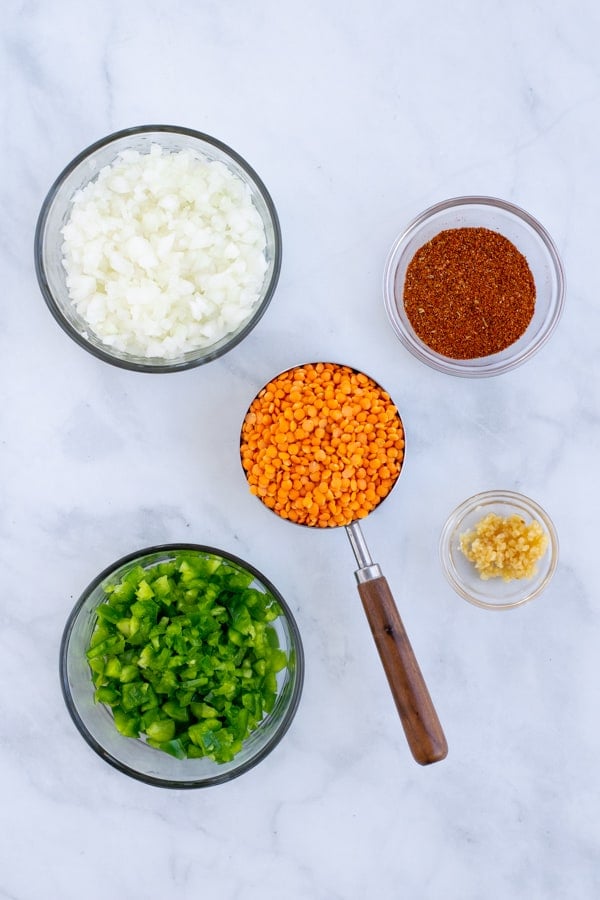 simple ingredients needed to make easy vegetarian red lentil taco 'meat'