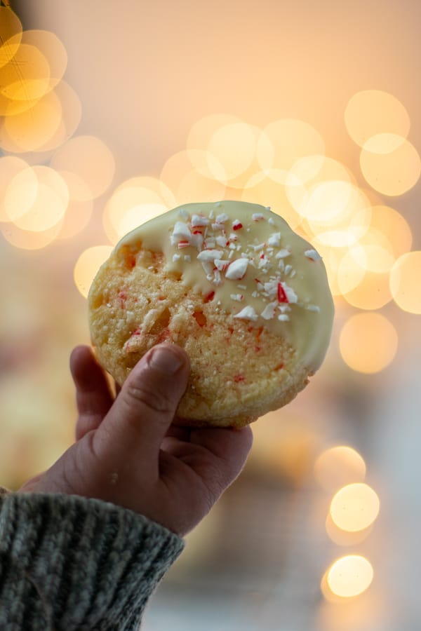 toddler hand holding up a Christmas cookie with twinkle lights in the background