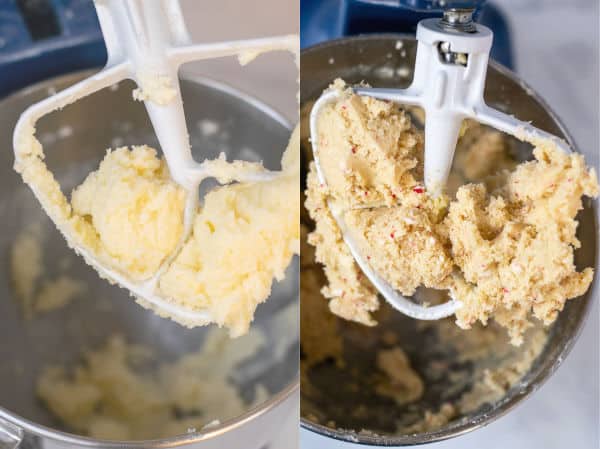 process shots of the butter and usage being creamed and what the batter looks like once the crushed candy canes are added