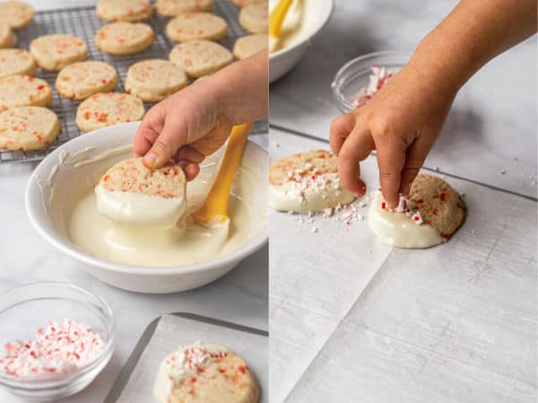 process shot of a kid dunking the cookie in white chocolate and sprinkling the chocolate with crushed candy canes
