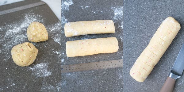 process shots of the dough being shipped into logs and scoring the chilled dough to be cut