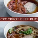 beef broth being poured into a bowl with a garnished bowl of pho
