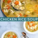 comforting chicken and rice soup in a large pot and bowls
