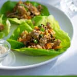 3 asian chicken lettuce wraps on a white plate