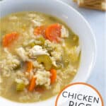 white bowl filled with chicken and rice soup