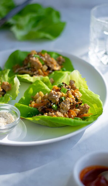 a white plate full of asian chicken lettuce wraps with sesame seeds and green onions
